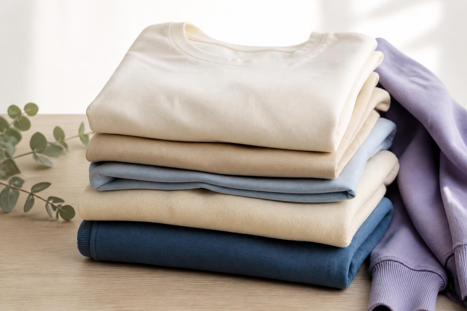 Folded custom printed shirts and a hoodie with vinyl designs
