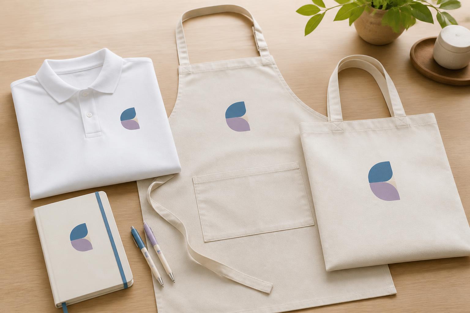 Staff polo shirts, branded boxes, packaging stickers and a tote bag