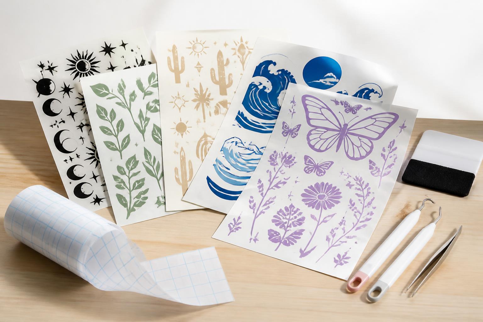 Cut vinyl decals, a weeding tool, a decorated tumbler and laptop