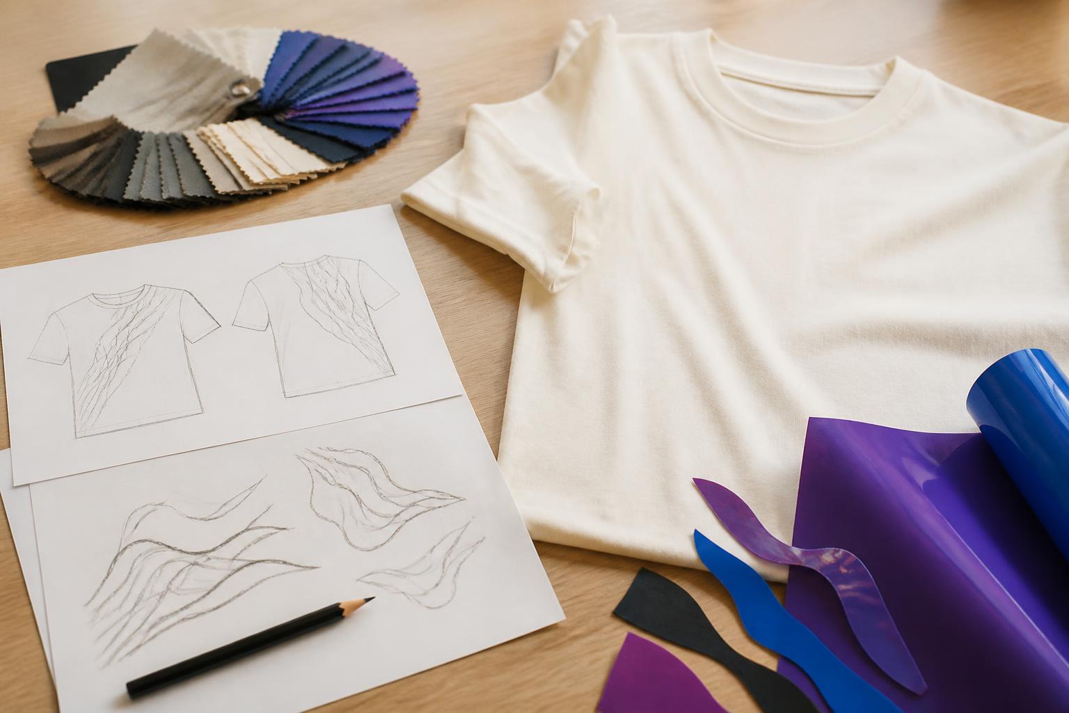 Sketchbook with layout ideas, color swatches, vinyl rolls and scissors